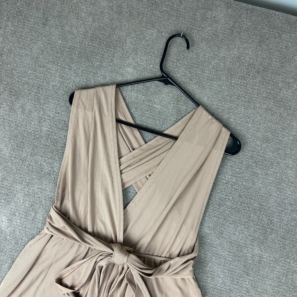 SBetro Ribbed Romper Womens Large Beige Deep V-Neck Criss Cross Back Tie Waist